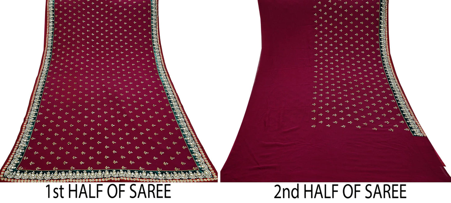 Indian New Sari Maroon Pure Georgette Silk Hand Embroidered Designer Manish Malhotra Sarees Ethnic Zardozi/Dabka Zari With Blouse Fabric