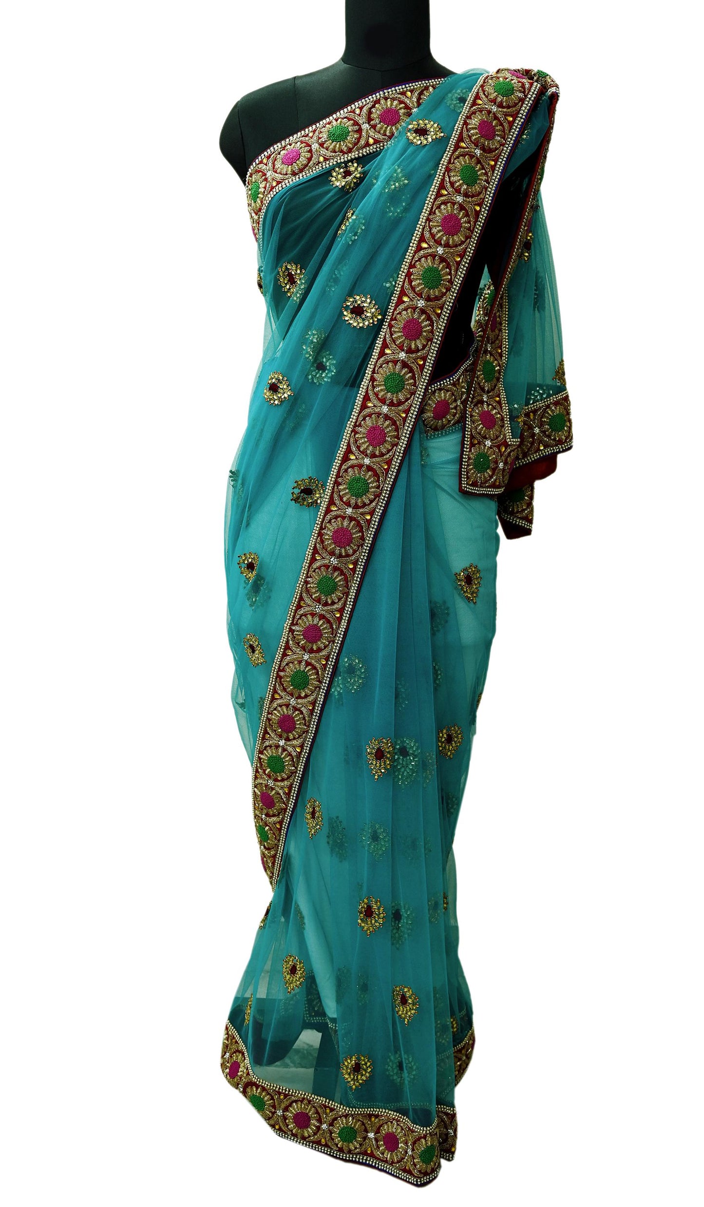 Indian New Heavy Wedding Sari Blue Net/Mesh Hand Embroidered Sarees Designer Abu Jani 5Yd Sewing Ethnic Zardozi/ Dabka With Blouse fabric