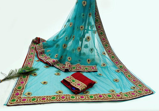 Indian New Heavy Wedding Sari Blue Net/Mesh Hand Embroidered Sarees Designer Abu Jani 5Yd Sewing Ethnic Zardozi/ Dabka With Blouse fabric
