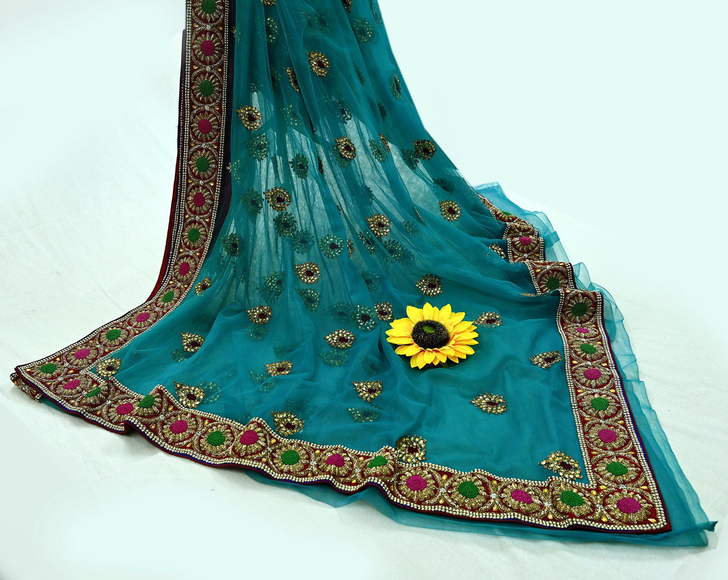 Indian New Heavy Wedding Sari Blue Net/Mesh Hand Embroidered Sarees Designer Abu Jani 5Yd Sewing Ethnic Zardozi/ Dabka With Blouse fabric
