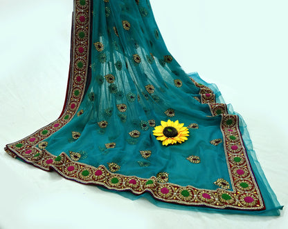 Indian New Heavy Wedding Sari Blue Net/Mesh Hand Embroidered Sarees Designer Abu Jani 5Yd Sewing Ethnic Zardozi/ Dabka With Blouse fabric