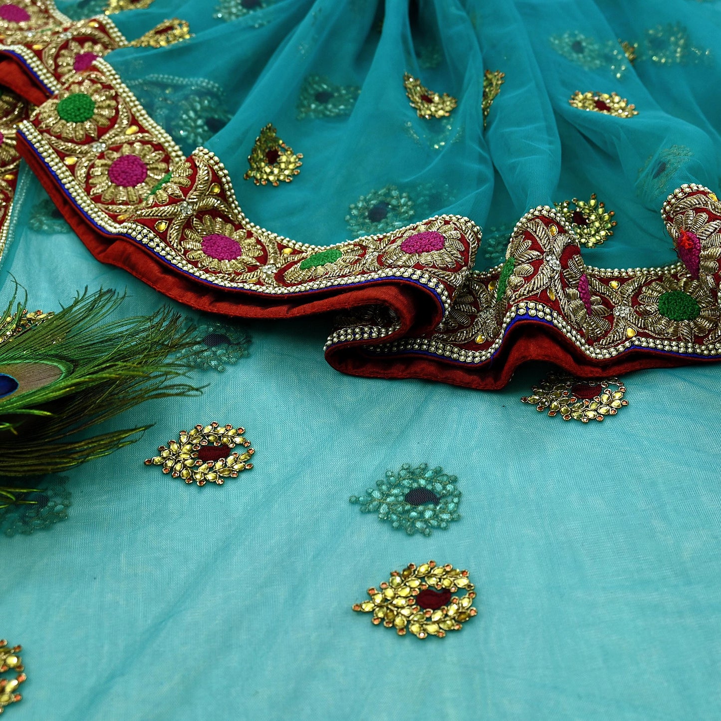 Indian New Heavy Wedding Sari Blue Net/Mesh Hand Embroidered Sarees Designer Abu Jani 5Yd Sewing Ethnic Zardozi/ Dabka With Blouse fabric