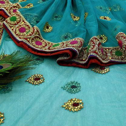 Indian New Heavy Wedding Sari Blue Net/Mesh Hand Embroidered Sarees Designer Abu Jani 5Yd Sewing Ethnic Zardozi/ Dabka With Blouse fabric