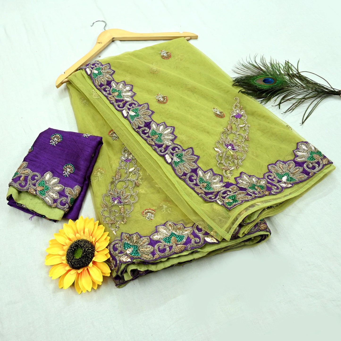 Indian New Heavy Sari Nion Green Net/Mesh Hand Embroidered Designer Manish Malhotra Sarees 6Yd Ethnic Zardozi/Dabka Zari With Blouse Fabric