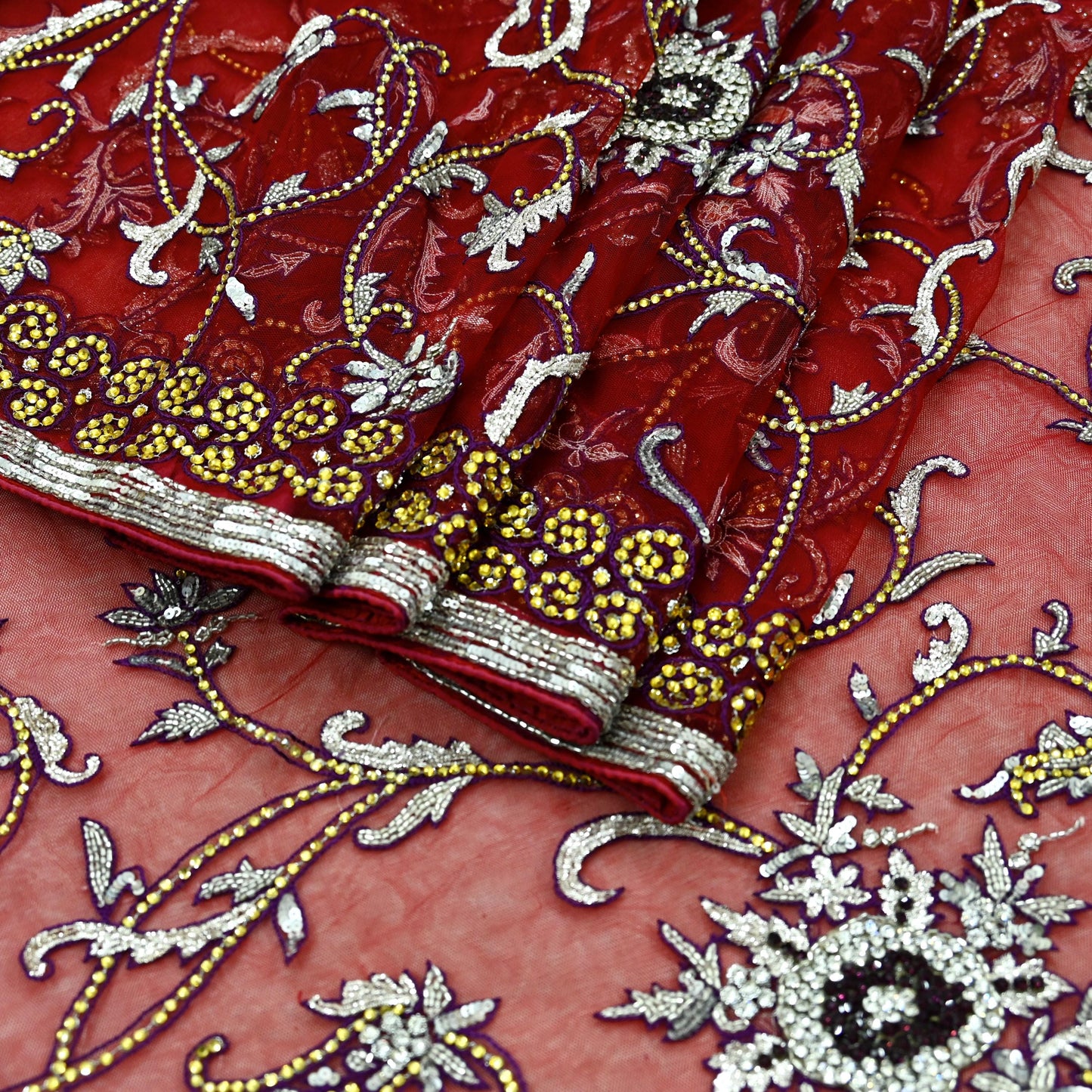 Indian New Sari Red Net/Mesh Hand Embroidered Anamika Khanna Designer Sarees Ethnic 6Yd Sewing  Zardozi, Dabka Zari With Blouse Fabric