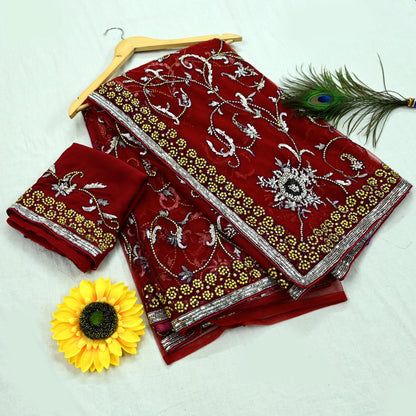 Indian New Sari Red Net/Mesh Hand Embroidered Anamika Khanna Designer Sarees Ethnic 6Yd Sewing  Zardozi, Dabka Zari With Blouse Fabric