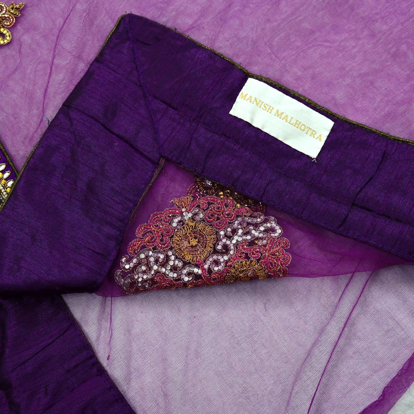 Indian New Heavy Sari Purple Net/Mesh Hand Embroidered Designer Manish Malhotra Lehenga Sarees 5Yd Ethnic Zardozi With Blouse Fabric
