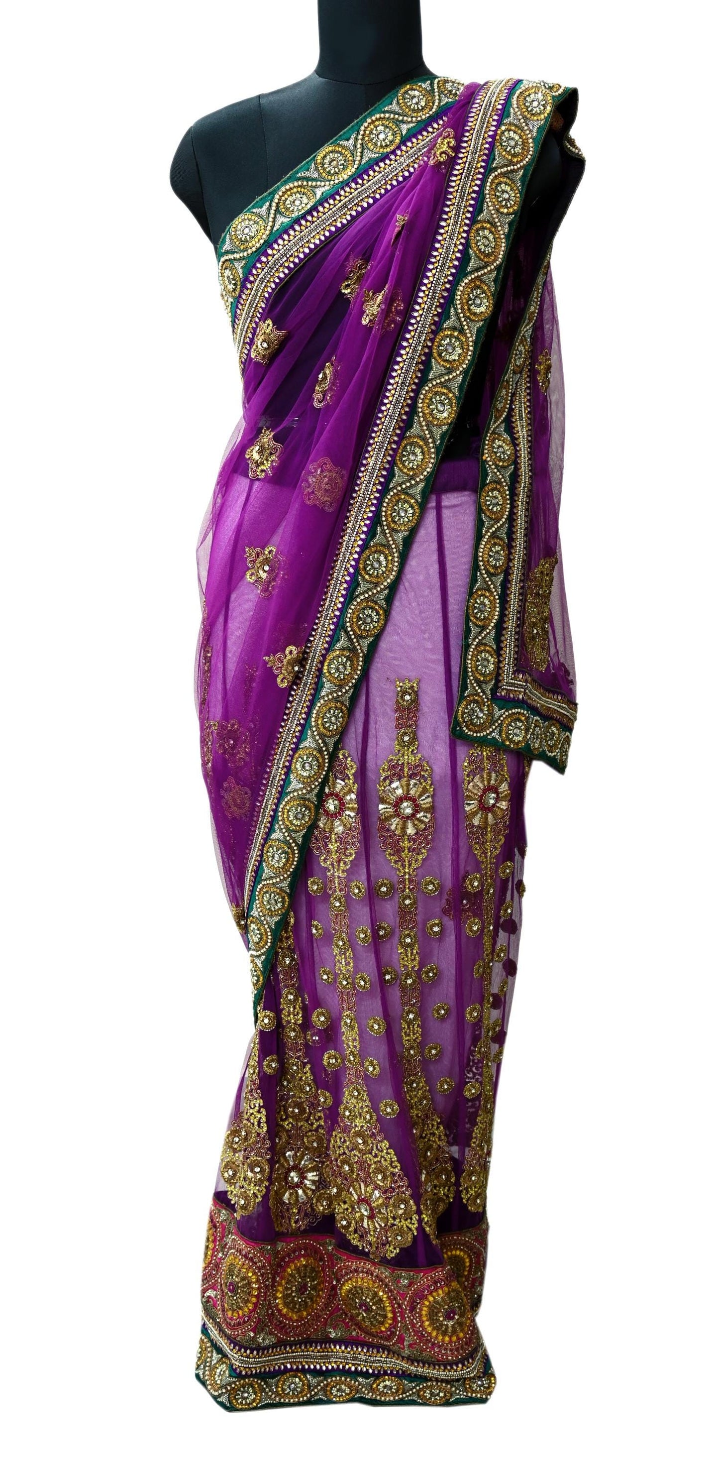 Indian New Heavy Sari Purple Net/Mesh Hand Embroidered Designer Manish Malhotra Lehenga Sarees 5Yd Ethnic Zardozi With Blouse Fabric