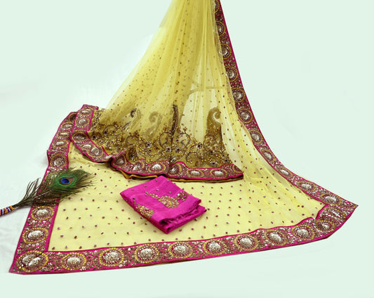 Indian New Saree Yellow Mesh/Net Hand Embroidered Sabyasachi Designer Sari 6Yd Soft Ethnic Bollywood Party saree With Blouse Fabric