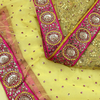 Indian New Saree Yellow Mesh/Net Hand Embroidered Sabyasachi Designer Sari 6Yd Soft Ethnic Bollywood Party saree With Blouse Fabric