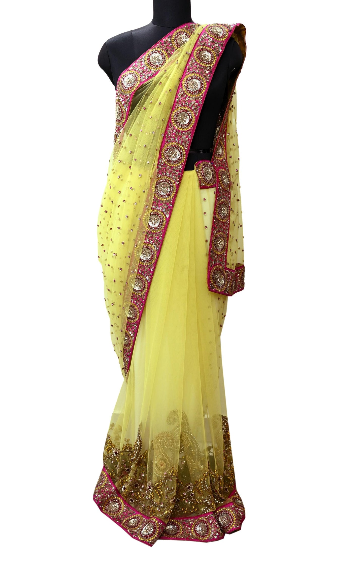 Indian New Saree Yellow Mesh/Net Hand Embroidered Sabyasachi Designer Sari 6Yd Soft Ethnic Bollywood Party saree With Blouse Fabric