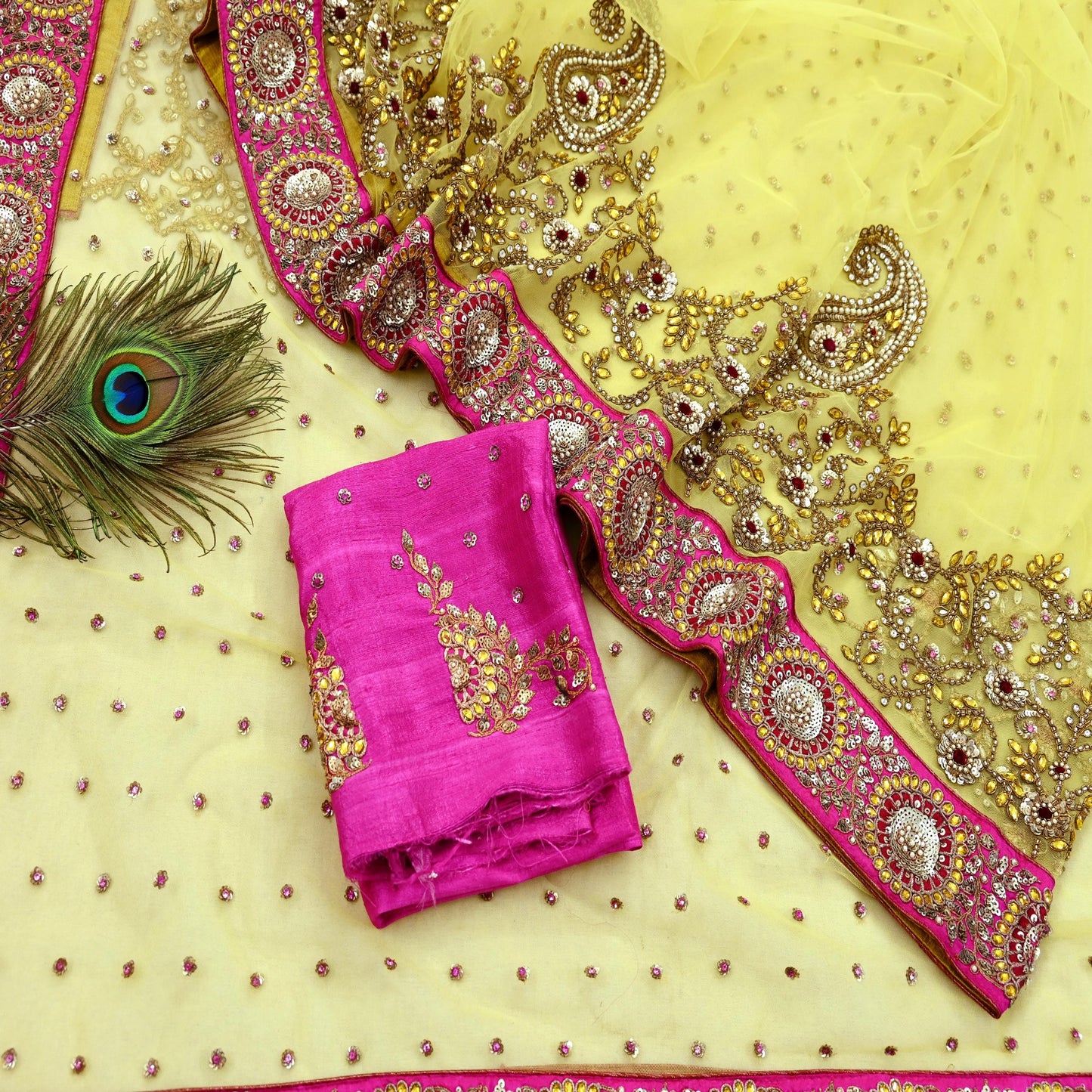 Indian New Saree Yellow Mesh/Net Hand Embroidered Sabyasachi Designer Sari 6Yd Soft Ethnic Bollywood Party saree With Blouse Fabric