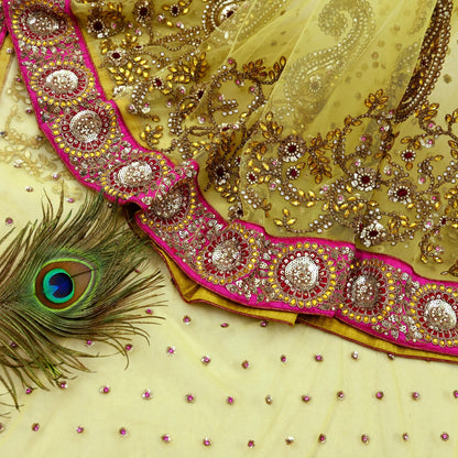 Indian New Saree Yellow Mesh/Net Hand Embroidered Sabyasachi Designer Sari 6Yd Soft Ethnic Bollywood Party saree With Blouse Fabric