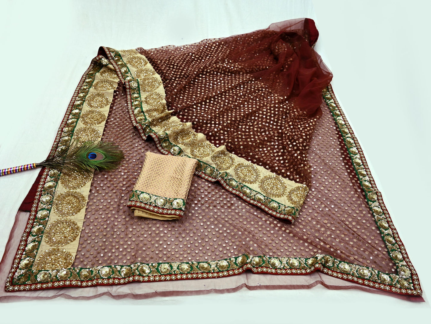 Indian New Saree Brown Mesh/Net Hand Embroidered Sabyasachi Designer Sari 6Yd Soft Ethnic Bollywood Party saree With Blouse Fabric