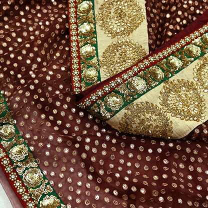 Indian New Saree Brown Mesh/Net Hand Embroidered Sabyasachi Designer Sari 6Yd Soft Ethnic Bollywood Party saree With Blouse Fabric
