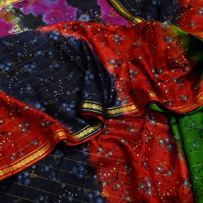 Indian Vintage Multi Saree 100% Pure Silk Printed Sari Craft Fabric 5yd Sewing Dress Making Soft Floral Crafting Quilting Upcycle Zari