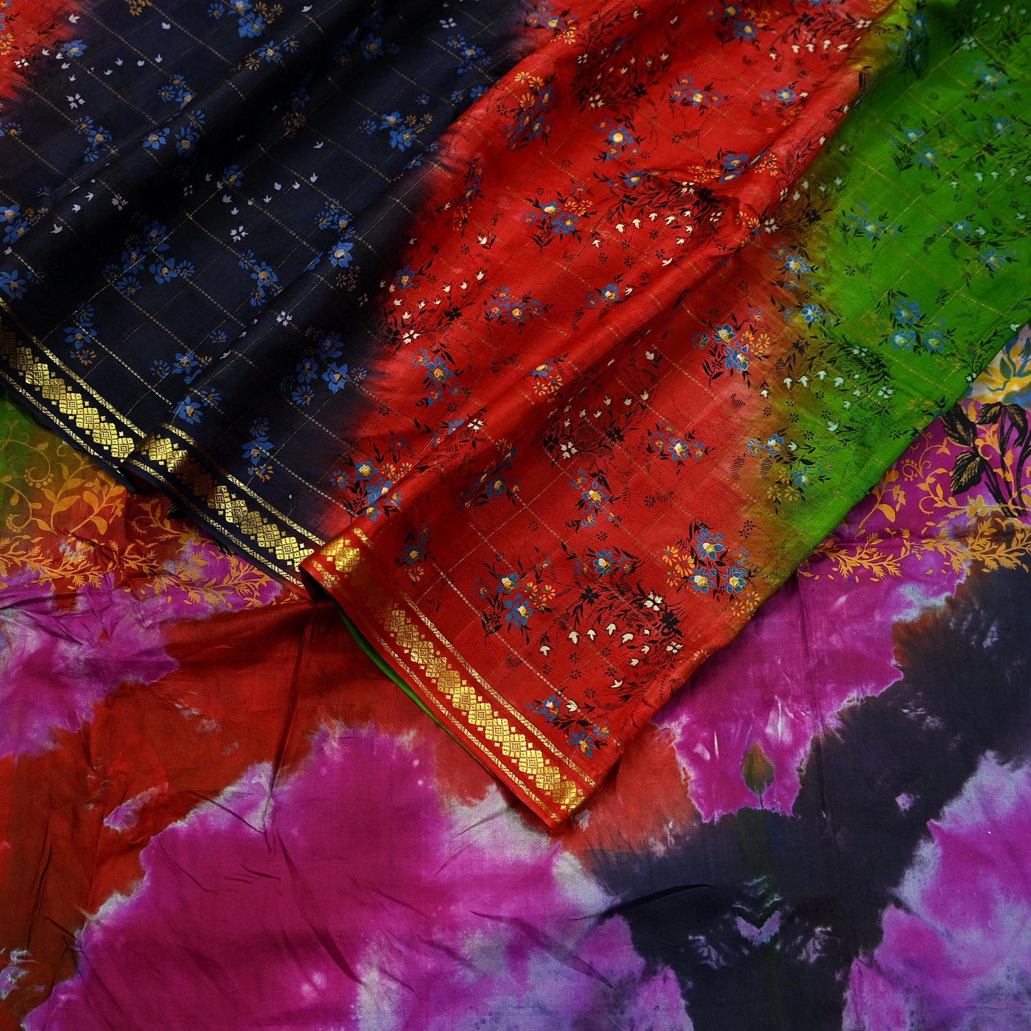 Indian Vintage Multi Saree 100% Pure Silk Printed Sari Craft Fabric 5yd Sewing Dress Making Soft Floral Crafting Quilting Upcycle Zari