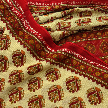 Indian Vintage Red & Beige Saree Printed 100% Pure Cotton Sari Craft Fabric 5Yd Soft Sewing Sarong Wrap Dress Making Quilting Crafting