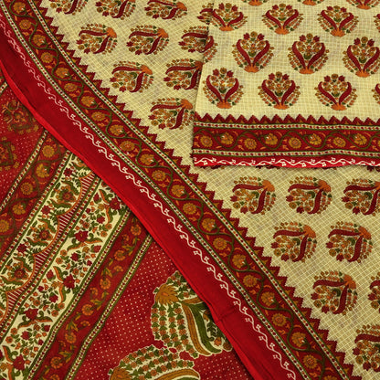 Indian Vintage Red & Beige Saree Printed 100% Pure Cotton Sari Craft Fabric 5Yd Soft Sewing Sarong Wrap Dress Making Quilting Crafting