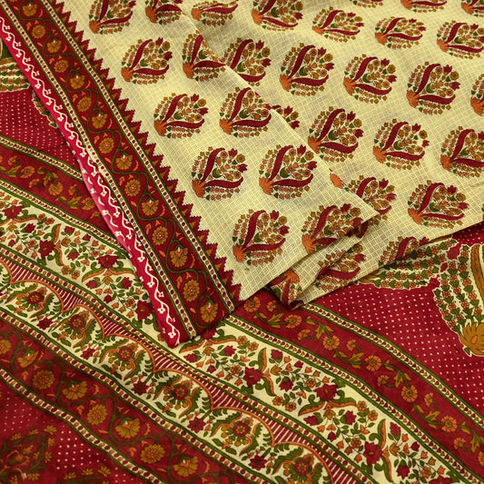 Indian Vintage Red & Beige Saree Printed 100% Pure Cotton Sari Craft Fabric 5Yd Soft Sewing Sarong Wrap Dress Making Quilting Crafting