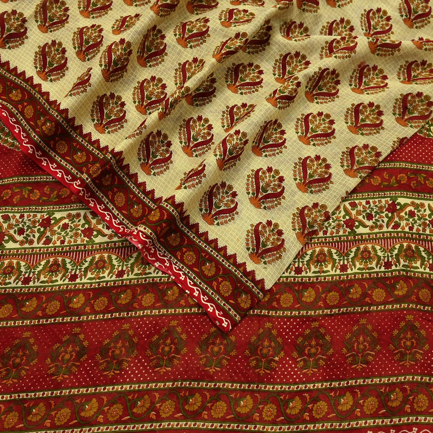 Indian Vintage Red & Beige Saree Printed 100% Pure Cotton Sari Craft Fabric 5Yd Soft Sewing Sarong Wrap Dress Making Quilting Crafting