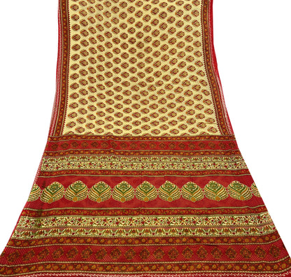 Indian Vintage Red & Beige Saree Printed 100% Pure Cotton Sari Craft Fabric 5Yd Soft Sewing Sarong Wrap Dress Making Quilting Crafting