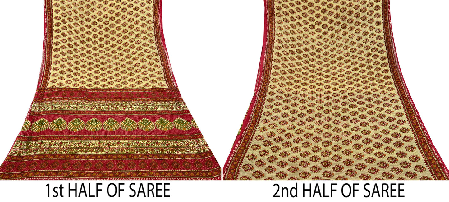 Indian Vintage Red & Beige Saree Printed 100% Pure Cotton Sari Craft Fabric 5Yd Soft Sewing Sarong Wrap Dress Making Quilting Crafting