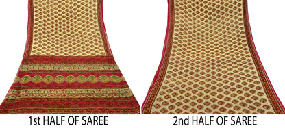 Indian Vintage Red & Beige Saree Printed 100% Pure Cotton Sari Craft Fabric 5Yd Soft Sewing Sarong Wrap Dress Making Quilting Crafting