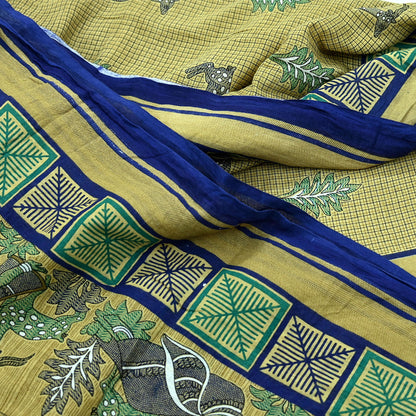 Indian Vintage Sari Beige Printed Pure Cotton Sarees Fabric 5Yd Sarong Wrap Boho Fabric Kimono Soft Dress making Crafting Quilting