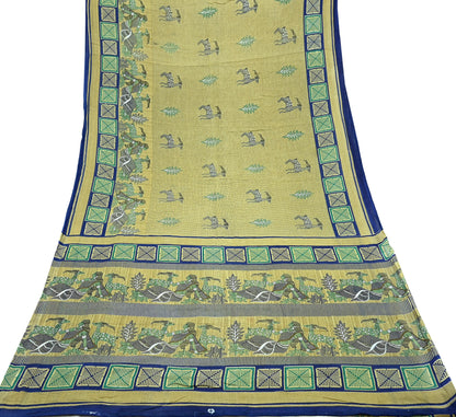 Indian Vintage Sari Beige Printed Pure Cotton Sarees Fabric 5Yd Sarong Wrap Boho Fabric Kimono Soft Dress making Crafting Quilting