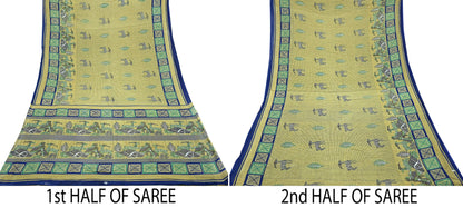 Indian Vintage Sari Beige Printed Pure Cotton Sarees Fabric 5Yd Sarong Wrap Boho Fabric Kimono Soft Dress making Crafting Quilting