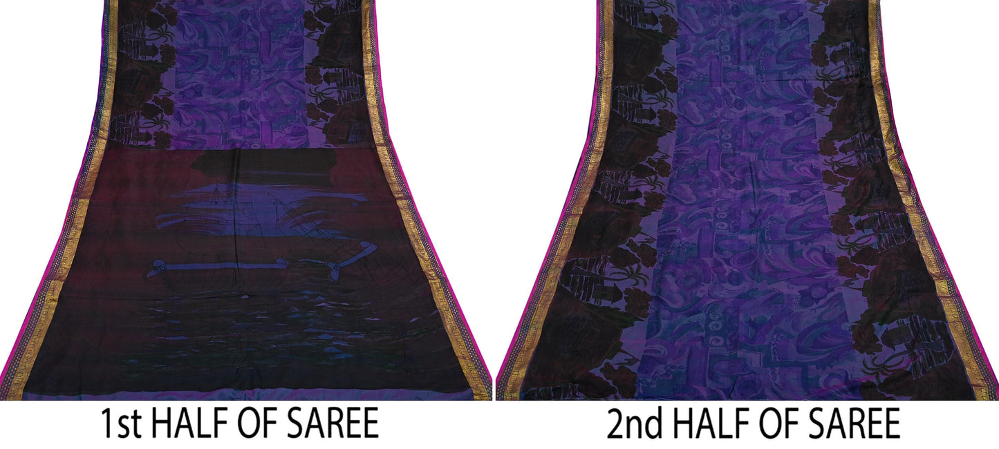 Indian Vintage Blue & Purple Sarees 100% Pure Silk Printed Sari 6yd Sewing Craft Fabric DressMaking Soft For Crafting Quilting Upcycle