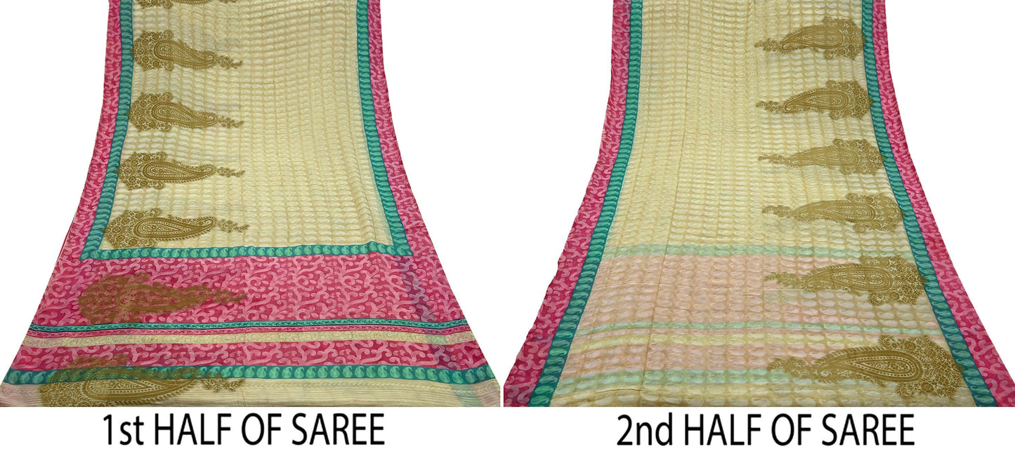Indian Women Vintage Sari Beige & Pink Pure Georgette Silk Printed Saree Sewing 5yd Soft Craft Fabric Floral Wrap Boho Zari Dress making