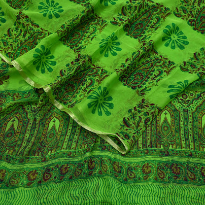 Indian Women Vintage Green Sarees Blend Chiffon Printed Sari Sewing 5yd Soft Craft Fabric Floral Wrap Boho Zari Quilting Blouse Fabric