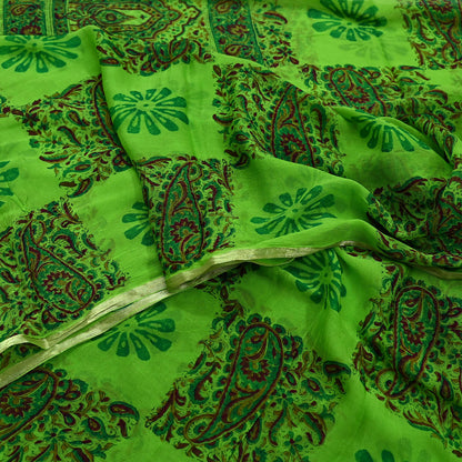 Indian Women Vintage Green Sarees Blend Chiffon Printed Sari Sewing 5yd Soft Craft Fabric Floral Wrap Boho Zari Quilting Blouse Fabric