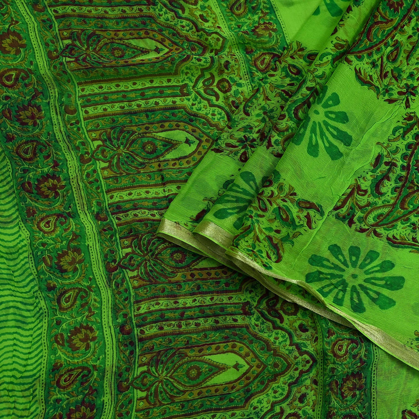 Indian Women Vintage Green Sarees Blend Chiffon Printed Sari Sewing 5yd Soft Craft Fabric Floral Wrap Boho Zari Quilting Blouse Fabric