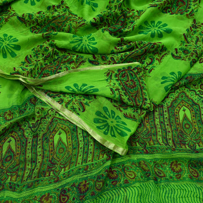 Indian Women Vintage Green Sarees Blend Chiffon Printed Sari Sewing 5yd Soft Craft Fabric Floral Wrap Boho Zari Quilting Blouse Fabric