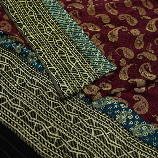 Indian Women Vintage Maroon & Black Saree 100% Pure Georgette Silk Printed Sari Sewing 5yd Soft Craft Fabric Stripes Dress Making Crafting
