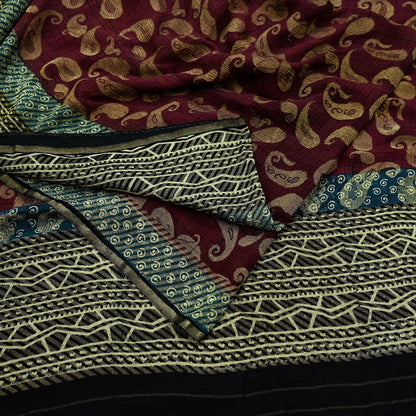 Indian Women Vintage Maroon & Black Saree 100% Pure Georgette Silk Printed Sari Sewing 5yd Soft Craft Fabric Stripes Dress Making Crafting