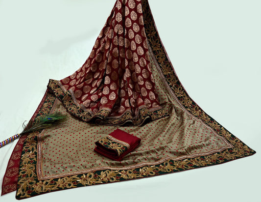 Indian New Saree Pure Chanderi Silk & Satin Silk Hand Embroidered Sabyasachi Designer Sari 6Yd Soft Ethnic Zardozi/ With Blouse Fabric