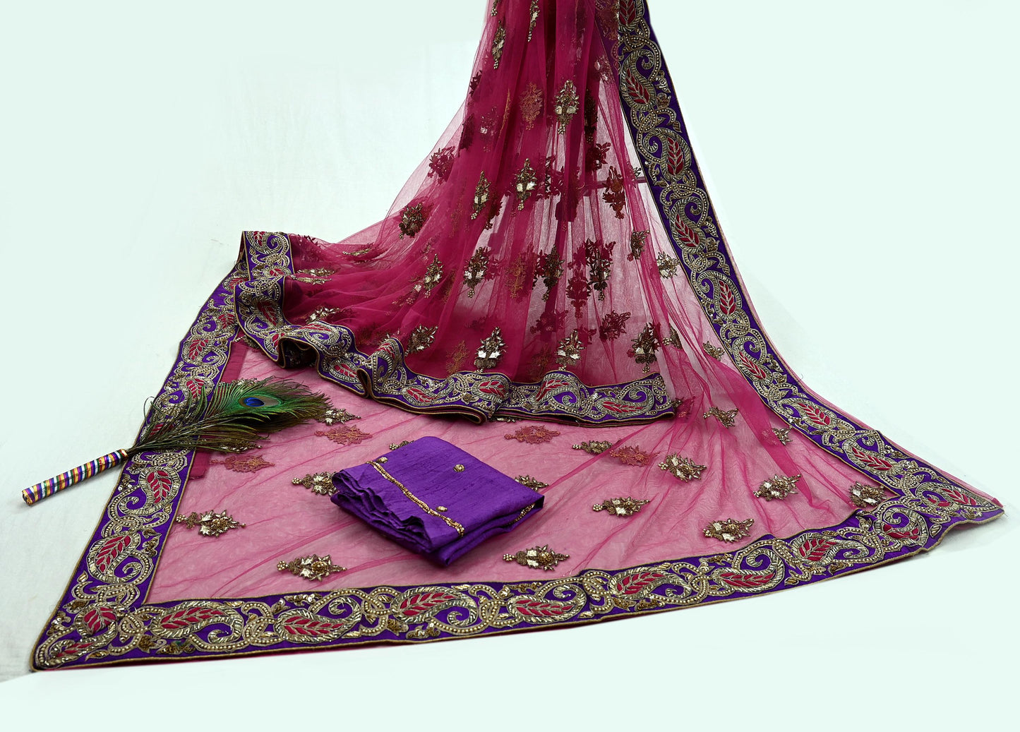 Indian New Saree Pink Mesh/Net Hand Embroidered Sabyasachi Designer Sari 6Yd Soft Ethnic Bollywood Party saree With Blouse Fabric
