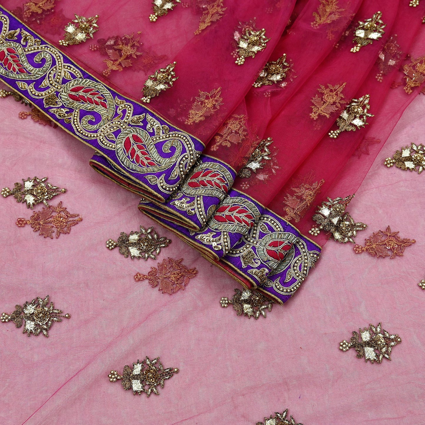Indian New Saree Pink Mesh/Net Hand Embroidered Sabyasachi Designer Sari 6Yd Soft Ethnic Bollywood Party saree With Blouse Fabric