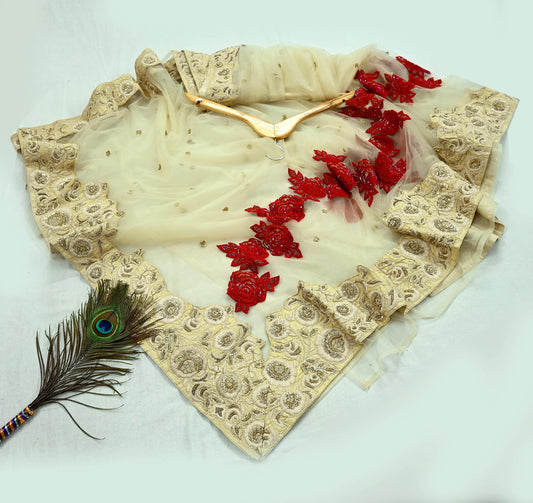 Indian Pre-Owned Heavy Sari Ivory Net/Mesh Hand Embroidered Sarees Designer Abu Jani 6Yd Sewing Ethnic Sequins Wedding/Party wear Saree