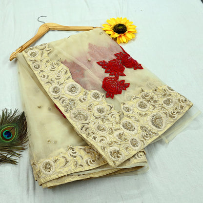 Indian Pre-Owned Heavy Sari Ivory Net/Mesh Hand Embroidered Sarees Designer Abu Jani 6Yd Sewing Ethnic Sequins Wedding/Party wear Saree