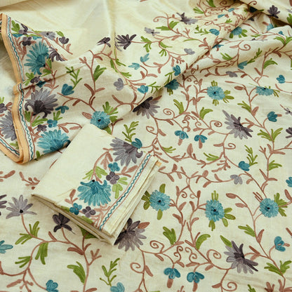 Indian Vintage Sari Ivory Artificial Silk Hand Embroidered Ari Sarees 5yd Ethnic Craft Fabric Sewing Sarees Dress making Crafting