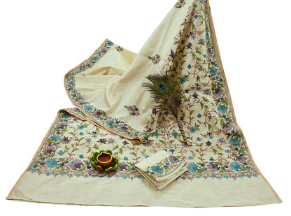 Indian Vintage Sari Ivory Artificial Silk Hand Embroidered Ari Sarees 5yd Ethnic Craft Fabric Sewing Sarees Dress making Crafting