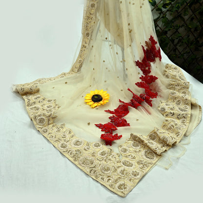 Indian Pre-Owned Heavy Sari Ivory Net/Mesh Hand Embroidered Sarees Designer Abu Jani 6Yd Sewing Ethnic Sequins Wedding/Party wear Saree