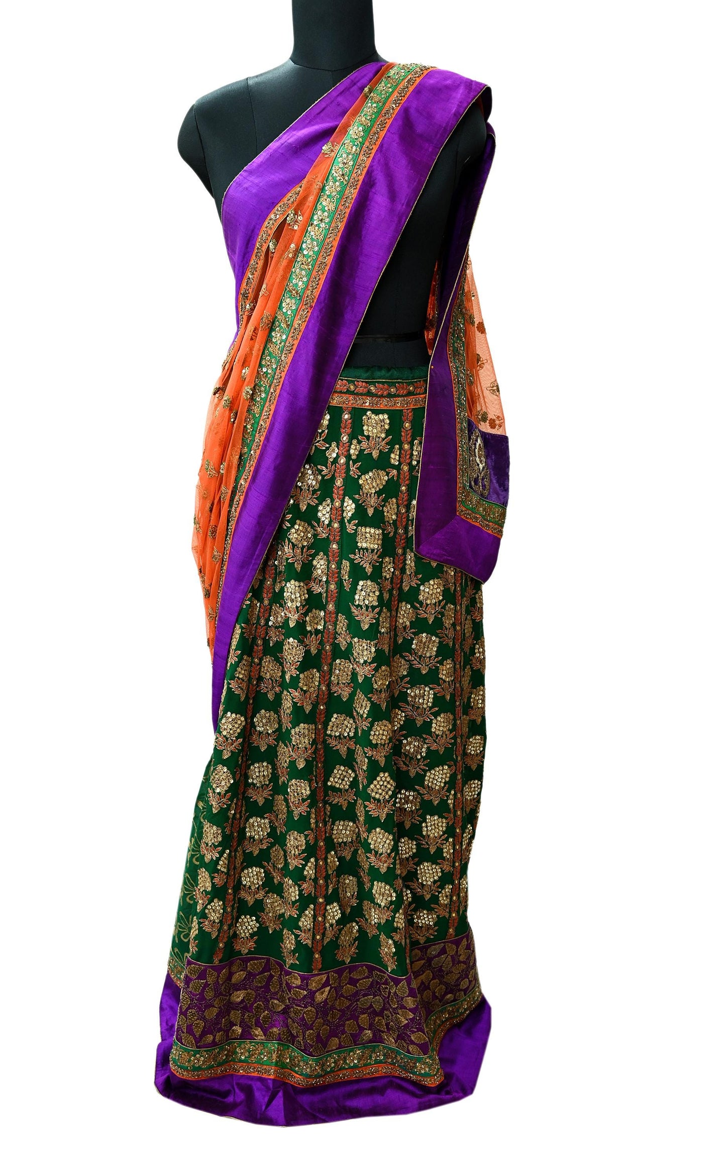 Indian Pre-Owned Sari Orange & Purple Net/Mesh Hand Embroidered Designer Sabyasachi Lehenga Sarees Ethnic Zardozi/Dabka Zari Wedding Sarees