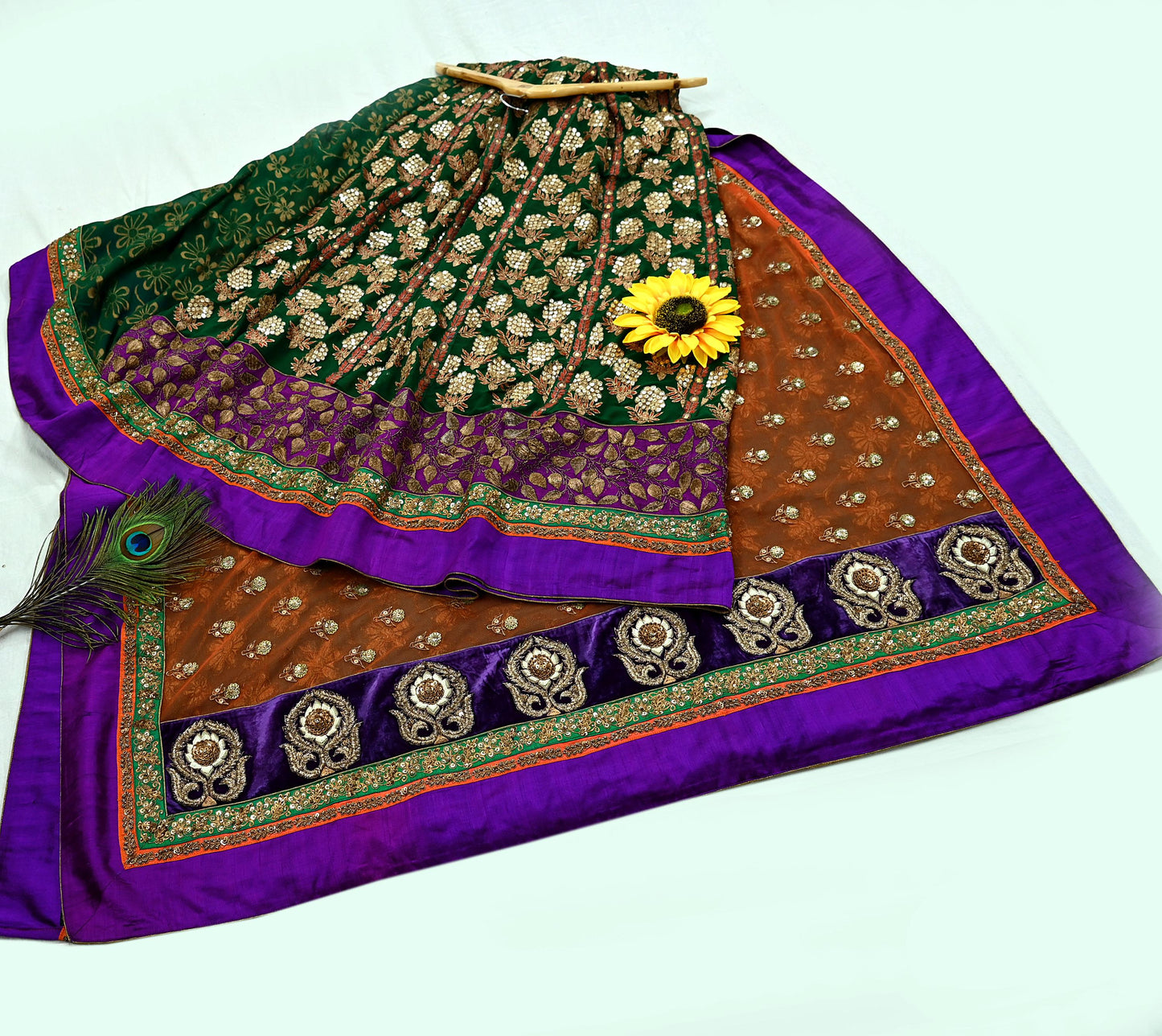 Indian Pre-Owned Sari Orange & Purple Net/Mesh Hand Embroidered Designer Sabyasachi Lehenga Sarees Ethnic Zardozi/Dabka Zari Wedding Sarees