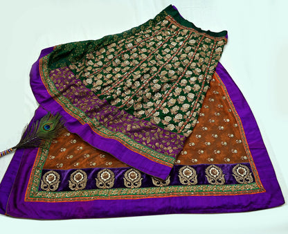 Indian Pre-Owned Sari Orange & Purple Net/Mesh Hand Embroidered Designer Sabyasachi Lehenga Sarees Ethnic Zardozi/Dabka Zari Wedding Sarees
